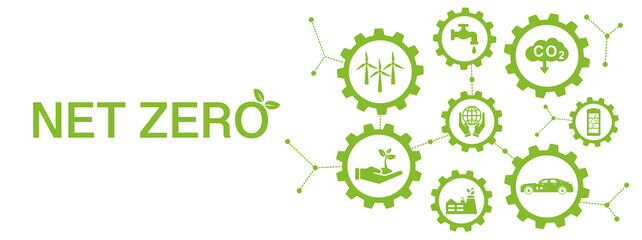 Banner Net Zero. Zero emissions concept by 2050. Long-term strategy for a net zero emissions target, no toxic gases (vector illustration). - obrazy, fototapety, plakaty