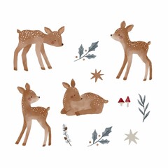 Obraz premium Watercolor Christmas print with cute fawn, сones, trees, mushrooms, decor. Ideal for creating New Year prints on clothes, fabrics, wrapping paper.