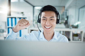 Call center, success and sales consultant on target for winning a telemarketing or telecom bonus...