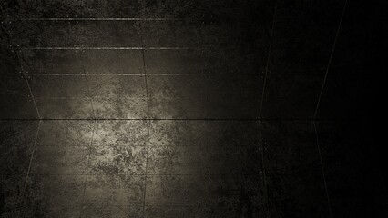 Black metallic scratch wall and floor on spot lighting background. Concept 3D CG of struggles of solitude in the concrete jungle, challenging unresolved issues and triumph of the lone wolf in society.