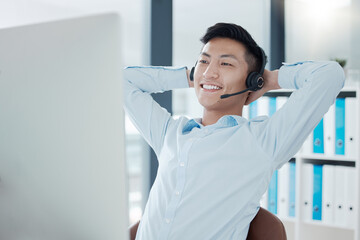 Call center, computer or relax man in success sales deal, customer support crm or consulting help...