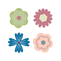 Set of flat spring flowers in silhouette isolated on white. Attractive retro illustration in bright colors