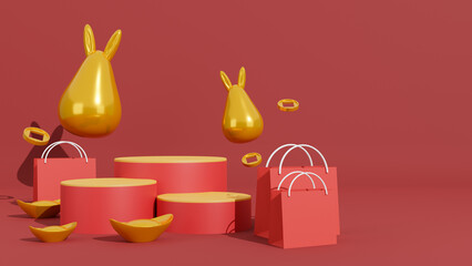 Chinese New Year Rabbit symbol of 2023 year for premium products display, podium with gold rabbit statue and shopping paper bags on red background. 3d rendering