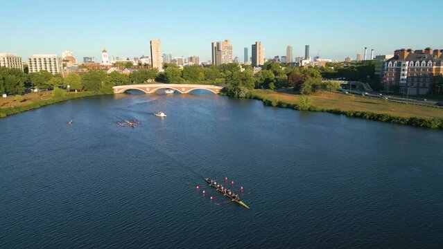 Aerial view of Cambridge and Anderson Memorial Bridge leading to Weld Boathouse, Harvard on Charles River, Cambridge, Boston, Massachusetts, USA