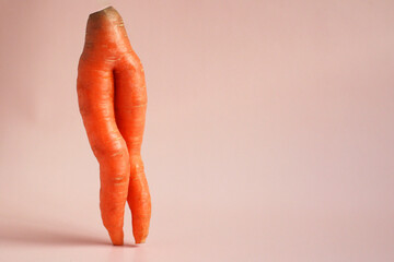 fresh creative carrots in the form of legs on a pink background