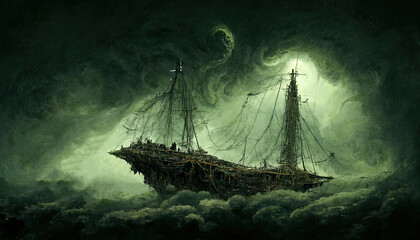 a monstrous living dead warship ship with sickly see through sails, in a horror night sky. dark fantasy art. Scary Art Landscape Background Illustration. For Game, Novel, Web Design.