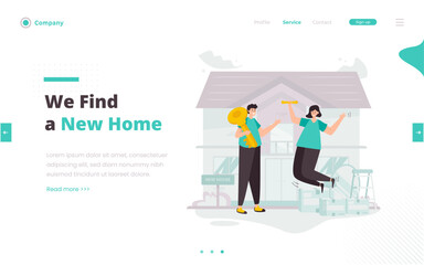 Couple moving to a new house illustration on web banner