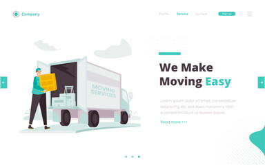 Moving house service illustration with truck transportation on web banner design