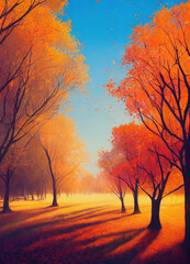 Naklejka na ściany i meble Beautiful autumn landscape, sunny day, magnificent, dreamy path with leaf aside. Cozy Art Landscape Illustration. For Web, Game, Advertise, Novel, movie, Scene.