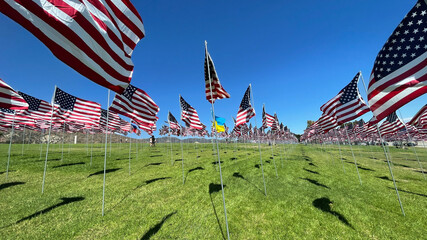 Malibu, California, USA - September 11, 2022: Annual 9-11 "Waves of Flags" Memorial at Pepperdine University. One flag for each victim.