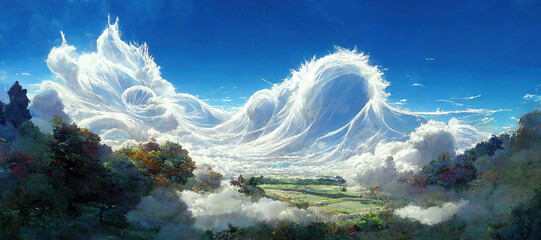Beautiful Landscape above sky At paradis with Whirlwind cloud Atmosphere. Fantasy Art Background Illustration. For Game, Novel, Web Design. - obrazy, fototapety, plakaty