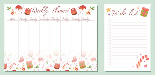 Vector festive set of child day organization templates with Christmas decorations. Weekly planner and to do list withgifts, santa hats.
