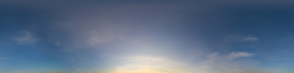 Dark blue sunset sky panorama with Cirrus clouds. Seamless hdr pano in spherical equirectangular format. Complete zenith for 3D visualization, game and sky replacement for aerial drone 360 panoramas.