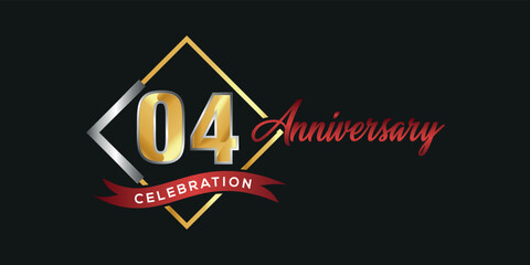 04th anniversary logo with golden and silver box, confetti and red ribbon isolated on elegant black background, vector design for greeting card and invitation card
