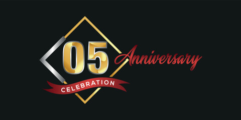 05th anniversary logo with golden and silver box, confetti and red ribbon isolated on elegant black background, vector design for greeting card and invitation card
