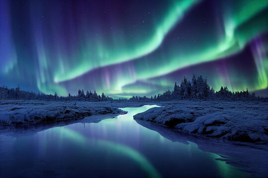 Mountains overlook a frozen glass lake, northern lights, Atmosphere, Dramatic Beautiful Aurora Landscape Background.
