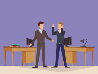 Two officer quarreling and conflict between two person. Two suited officer shouting and a quarrel is occurred. Boss shouting to employee and blaming at office. Computer angry behind officers.