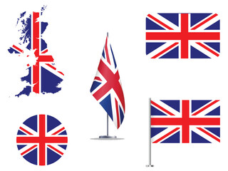 This vector consist the national flag of United Kingdom (UK) in different shape. Flat, rounded, rectangle and flying flag and UK map are in a group. Here UK flag in UK map. Here a masking flag in map.