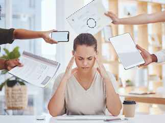 Stress, headache, and time management of business woman with project document, tablet and a phone...