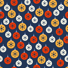 Seamless pattern with colored plain Christmas balls. Snowflake pattern. Festive flat style design for packaging and print. Vector.