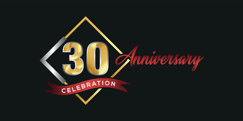 Fototapeta premium 30th anniversary logo with golden and silver box, confetti and red ribbon isolated on elegant black background, vector design for greeting card and invitation card 