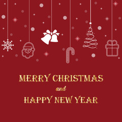 merry christmas and happy new year text with christmas accessories for card, poster, banner