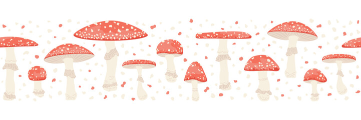 Fly agarics border. Seamless pattern with amanita muscaria. Mushrooms with red cap and mold. Toxic fungi. Hallucinogenic food. Abstract texture on white background. Vector cartoon illustration.