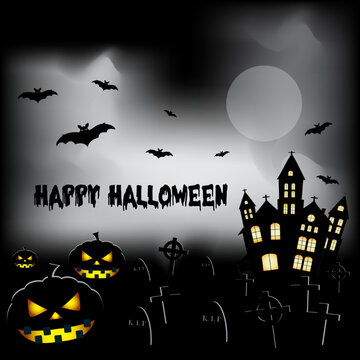 happy halloween background with pumpkins, bats, old house and graveyard for background,card, banner, or poster