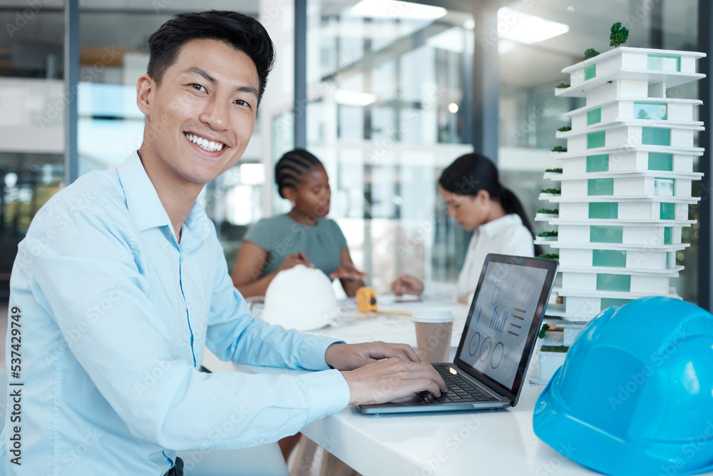 Poster architecture, laptop and portrait of businessman in office and working on engineering, design and co
