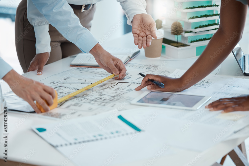 Poster Blueprint, construction and architect team planning in meeting, drawing on paper and collaboration for building project. Hands working in architecture with strategy on document and tablet in office