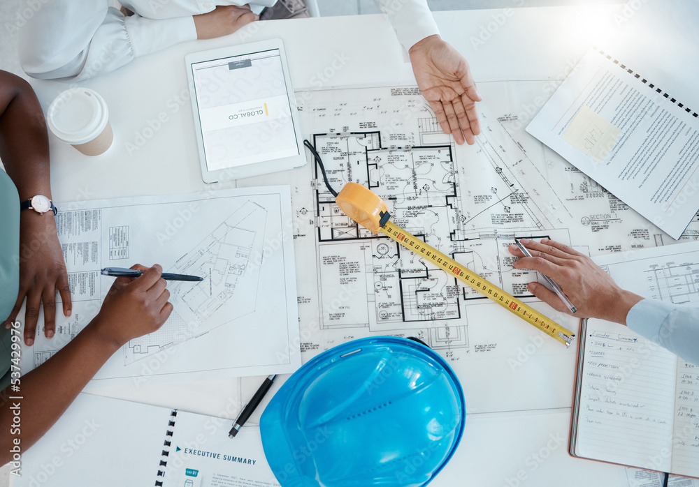 Aufkleber architecture hands, blueprint design and property planning, engineering model and construction compa