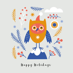 Christmas card, Seasons greetings illustration, cute owl