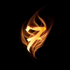 Burning fire number 7. Digit seven with fire effect on black background. Vector eps10