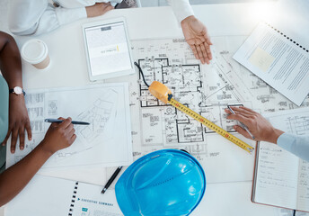 Architecture hands, blueprint design and property planning, engineering model and construction...