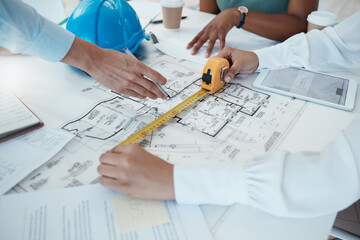 Architecture hands, blueprint design and tape measure for construction scale, property planning and...
