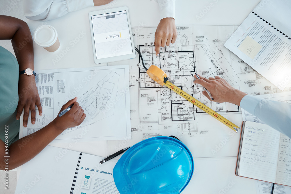 Aufkleber top view, hands and engineering meeting for the blueprint of a floor plan for a construction buildin