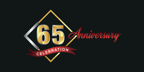 65th anniversary logo with golden and silver box, confetti and red ribbon isolated on elegant black background, vector design for greeting card and invitation card
