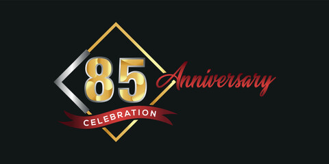 85th anniversary logo with golden and silver box, confetti and red ribbon isolated on elegant black background, vector design for greeting card and invitation card
