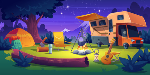 Camping site with trailer, tent and burning bonfire in night forest glade. Cartoon vector illustration of colorful natural landscape with tourism accessories for family travel anf vacation rest