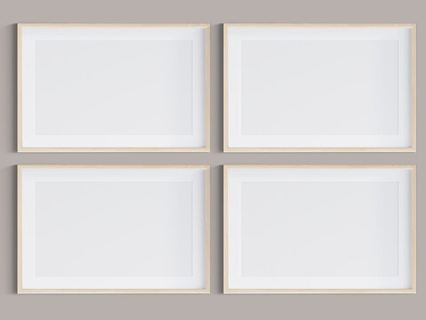 4 blank photo frame on wall, 3d Illustration