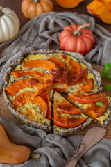 Home made pumpkin quiche on a table
