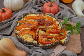 Home made pumpkin quiche on a table