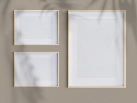 3 blank photo frame on wall, 3d Illustration
