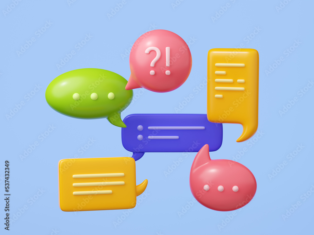 Poster 3d render set of colorful chat message bubbles isolated on blue background. collection of round, ova