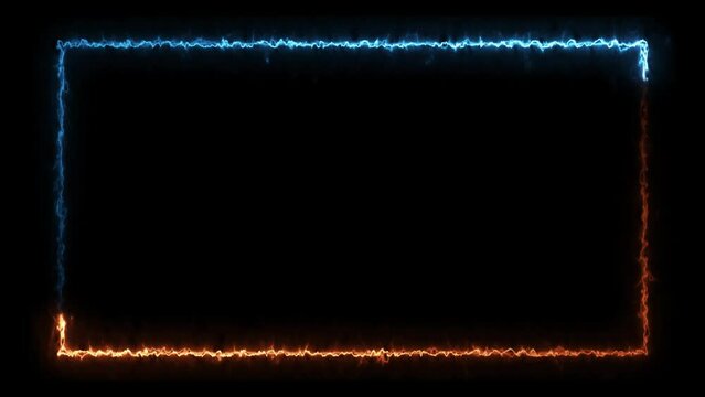 Computer generated color animation. 3D rendering neon frame of blue and yellow colors on a black background. Blue and yellow neon rectangle rotating across the screen