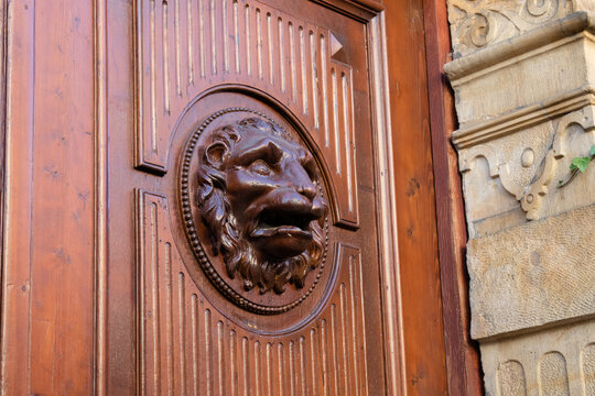 Antique wooden doors with a lion's head. Entrance door with carving