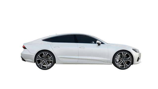 side view of white car isolated on white, AUDI A7 png transparent background 3d rendering