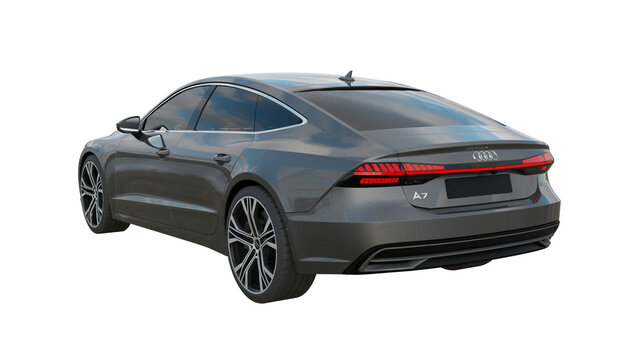 back view of grey car isolated on white, AUDI A7 png transparent background 3d rendering