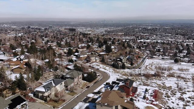 Denver Metro Neighborhood Suburb After Snowfall • Aerial Drone Push Out Shot • Horizontal HD Video