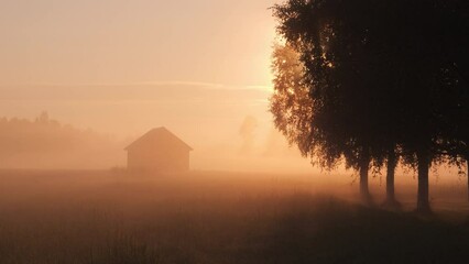 Mystic countryside landscape, Isolated cottage silhouette surrounded in foggy sunrise